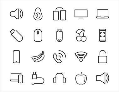 Akıllı cihazlar, cihazlar, bilgisayar donanımı ve elektronik aletler. Ağ ve mobil vektör çizgileri için elektronik aygıtlar simgeleri. Bilgisayar, telefon. Düzenlenebilir felç. 48x48 piksel.