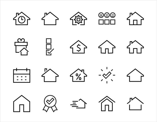 Simple set of line vector home icons. Contains house symbols at interest, infuse house and more. Editable stroke. 480x480 pixels perfect.