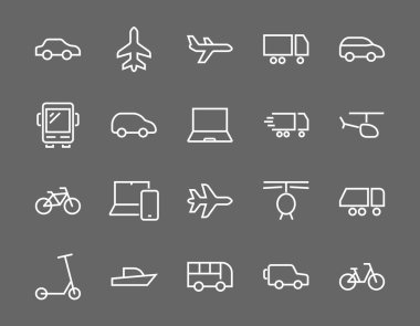 Toplu taşıma ile ilgili vektör çizgisi simgeleri kümesi. Otobüs, bisiklet, bavul, araba, scooter, kamyon, ulaşım, tramvay, yelkenli, motor, uçak gibi ikonlar içerir. Düzenlenebilir vuruş