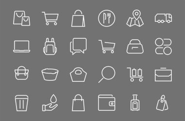  Basit bir çanta, alışveriş ve seyahat ikonları. Vektör illüstrasyonu kart, cüzdan, alışveriş sepeti, indirim, kase, paket gibi simgeler içerir. Beyaz arka planda, düzenlenebilir inme. 48x48 piksel.