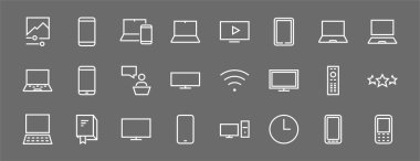  Akıllı cihazlar, cihazlar, bilgisayar donanımı ve elektronik aletler. Ağ ve mobil vektör çizgileri için elektronik aygıt simgeleri. Düzenlenebilir felç. 480x480 piksel