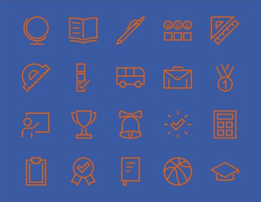 Basit bir okul eşyası seti. Öğrenci, ödül, coğrafya, beden eğitimi, geometri ve daha fazlası gibi ikonlar içerir. Beyaz arka planda. Düzenlenebilir felç. 480x480