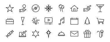 Vektör çizgisi ile ilgili basit kutlama simgeleri kümesi. Müzik, yeni yıl, yıldızlar, balolar, pasta, karaoke, DJ gibi ikonlar içerir. Düzenlenebilir felç. 480x480.