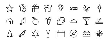 Vektör çizgisi ile ilgili basit kutlama simgeleri kümesi. Müzik, yeni yıl, yıldızlar, balolar, pasta, karaoke, DJ gibi ikonlar içerir. Düzenlenebilir felç. 480x480.