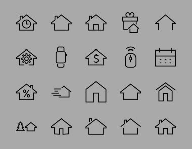  Basit çizgi vektör ev simgeleri kümesi. Evin sembollerini içeriyor, evi ve daha fazlasını. Düzenlenebilir felç. 480x480 piksel mükemmel