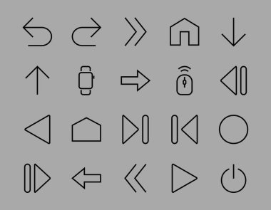 Satır okları, yönler, oklar, duraklama, devam, doğrudan sağa, düzenlenebilir vuruş gibi simgeler içerir. 480x480, Beyaz arkaplanda, Vektör illüstrasyonu