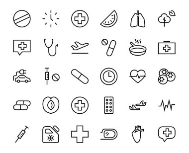 Basit bir ilaç seti, İlgili Vektör Hattı Simgeleri. Acı, şırınga, tablet ve daha fazlası gibi ikonlar içerir. Düzenlenebilir felç. 480x480 piksel mükemmel, beyaz arkaplan üzerinde.