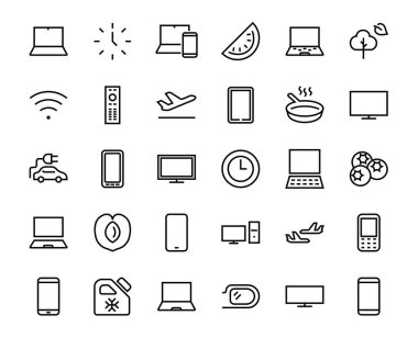 Akıllı cihazlar, cihazlar, bilgisayar donanımı ve elektronik aletler. Ağ ve mobil vektör çizgileri için elektronik aygıt simgeleri. Düzenlenebilir felç. 480x480 piksel.
