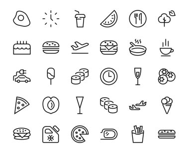 Vektör çizgisi ile ilgili basit bir fast food ikonu seti. Pizza, burger, suşi, bisiklet, çırpılmış yumurta ve daha fazlası gibi ikonlar içerir. Edilebilir felç. 480x480 piksel mükemmel, EPS 10.