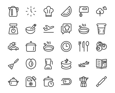 Mutfak ve yemek pişirme ikonları, vektör çizgileri, bıçak, tencere, kaynama zamanı, mikser, tartı, yemek tarifi kitabı gibi ikonlar içerir. Düzenlenebilir vuruş, mükemmel 480x480 piksel, beyaz arkaplan.