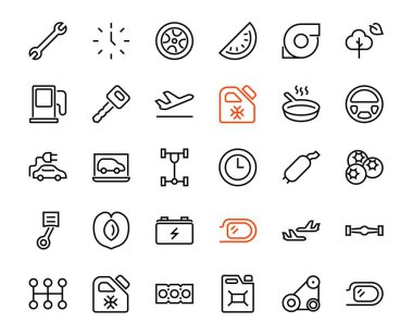 Basit bir araba servisi vektör çizgisi simgesi seti. Yağ, tanı, türbin, direksiyon, şasi, vites kutusu gibi ikonlar içerir. Düzenlenebilir hareket. 480x480 Beyaz bir arkaplanda.