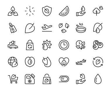 Ekoloji Simgesi Kümesi, Vektör çizgileri, fotosentez, Çevre koruma, çevre dostu paket, büyüme süresi, düzenlenebilir felç, mükemmel 48x48 piksel, beyaz arkaplan gibi simgeler içerir.