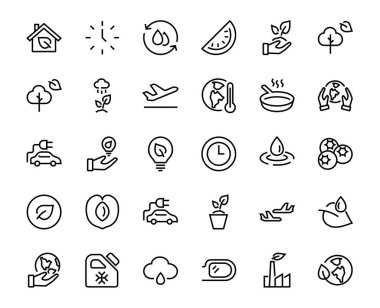 Ekoloji, vektör çizgileri temasındaki ikonlar arasında elektrikli araba, küresel ısınma, orman, eko, sulama bitkileri ve daha fazlası gibi ikonlar yer alıyor. Düzenlenebilir vuruş, beyaz arkaplan