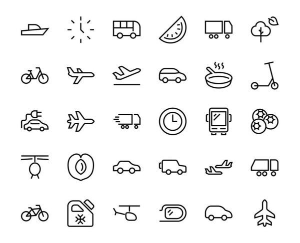 Набор значков векторных линий общественного транспорта. Содержит такие товары, как автобус, велосипед, чемодан, автомобиль, скутер, грузовик, транспорт, автобус-тролли, парусник, моторная лодка, самолет и многое другое. Штрих к таблице