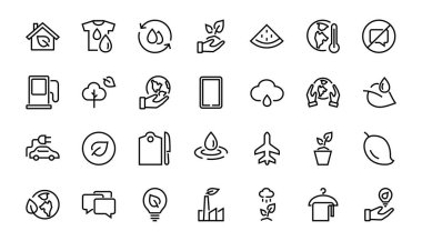 Ekoloji, vektör çizgileri temasındaki ikonlar arasında elektrikli araba, küresel ısınma, orman, eko, sulama bitkileri ve daha fazlası gibi ikonlar yer alıyor. Düzenlenebilir vuruş, beyaz arkaplan