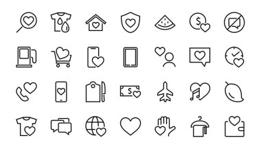 Aşk hakkındaki ikonlar müzik aşkı, aşk ilanı, kalp, favori ev, doğrusal set gibi ikonlar içerir. Beyaz arka planda bir vektör. Düzenlenebilir felç. 480x480.