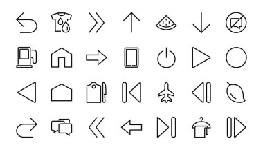 Satır okları, yönler, oklar, duraklama, devam, doğrudan sağa, düzenlenebilir vuruş gibi simgeler içerir. 480x480, Beyaz arkaplanda, Vektör illüstrasyonu.