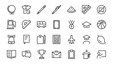 Basit bir okul eşyası seti. Öğrenci, ödül, coğrafya, beden eğitimi, geometri ve daha fazlası gibi ikonlar içerir. Beyaz arka planda. Düzenlenebilir felç. 480x480.