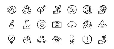 Ekoloji, vektör çizgileri temasındaki ikonlar arasında elektrikli araba, küresel ısınma, orman, eko, sulama bitkileri ve daha fazlası gibi ikonlar yer alıyor. Düzenlenebilir vuruş, beyaz arkaplan