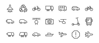Toplu taşıma ile ilgili vektör çizgisi simgeleri kümesi. Otobüs, bisiklet, bavul, araba, scooter, kamyon, ulaşım, tramvay, yelkenli, motor, uçak gibi ikonlar içerir. Düzenlenebilir vuruş