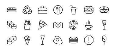 Vektör çizgisi ile ilgili basit bir fast food ikonu seti. Pizza, burger, suşi, bisiklet, çırpılmış yumurta ve daha fazlası gibi ikonlar içerir. Edilebilir felç. 480x480 piksel mükemmel, EPS 10.