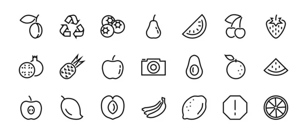 采购产品水果图标集，矢量线，包含图标，如苹果，香蕉，樱桃，柠檬，西瓜，鳄梨编辑笔划，48x48像素，白色背景，肌肉10 — 图库矢量图片
