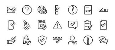İlgili vektör çizgisi simgelerinden oluşan basit bir set. Güvenlik garantisi, alınan belge, okunan mesaj, doğrulama, kalite ve daha fazlası gibi simgeler içerir. Düzenlenebilir Bar. 480x480
