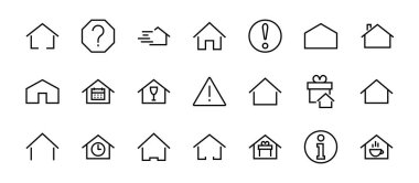 Basit renk düzenlenebilir ev simgesi şablonları. Grafik ve web tasarımı için beyaz arkaplan üzerine izole edilmiş bu tür simgeler, ev takvimi, kahve dükkanı ve diğer vektör işaretleri içerir