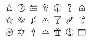 Vektör çizgisi ile ilgili basit kutlama simgeleri kümesi. Müzik, yeni yıl, yıldızlar, balolar, pasta, karaoke, DJ gibi ikonlar içerir. Düzenlenebilir felç. 480x480
