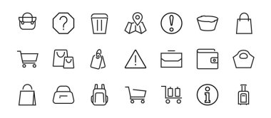 Basit bir çanta, alışveriş ve seyahat ikonları. Vektör illüstrasyonu kart, cüzdan, alışveriş sepeti, indirim, kase, paket gibi simgeler içerir. Beyaz arka planda, düzenlenebilir inme. 48x48 piksel