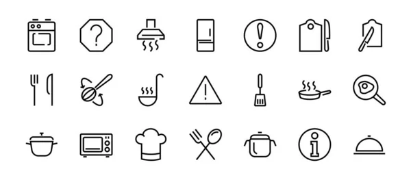 Set van koken en keuken iconen, Vector lijnen, bevat pictogrammen zoals koekenpan, frituren, magnetron, vork met lepel, bewerkbare slag, perfecte 480x480 pixels, witte achtergrond. — Stockvector