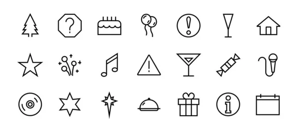 Einfache Reihe von Feiersymbolen im Zusammenhang mit der Vektorlinie. Enthält Symbole wie Musik, Neujahr, Sterne, Bälle, Kuchen, Karaoke, DJ und vieles mehr. Essbarer Schlaganfall. 480x480 — Stockvektor