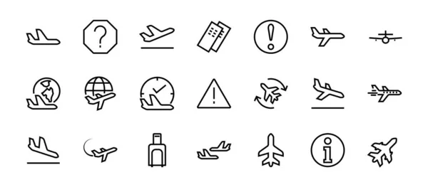 Eine einfache Reihe von Vektorlinien-Symbolen für Flughäfen. Enthält Abzeichen wie Abflug, Boarding, Wartezeit, Boarding, Suche nach einem Platz für Fahrkarten und vieles mehr. Essbarer Schlaganfall. 48x48 Pixel — Stockvektor
