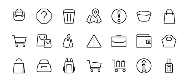 Un simple conjunto de bolsos, compras e iconos de viaje. Ilustración vectorial Contiene iconos como tarjeta, billetera, cesta de la compra, descuento, tazón, paquete. Sobre un fondo blanco, un trazo editable. 48x48 píxeles — Vector de stock
