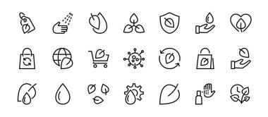 Ekoloji Simgesi Kümesi, Vektör çizgileri, fotosentez, Çevre koruma, çevre dostu paket, büyüme süresi, düzenlenebilir felç, mükemmel 48x48 piksel, beyaz arkaplan gibi simgeler içerir