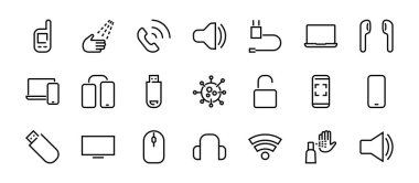 Akıllı cihazlar, cihazlar, bilgisayar donanımı ve elektronik aletler. Ağ ve mobil vektör çizgileri için elektronik aygıtlar simgeleri. Bilgisayar, telefon. Düzenlenebilir felç. 48x48 piksel
