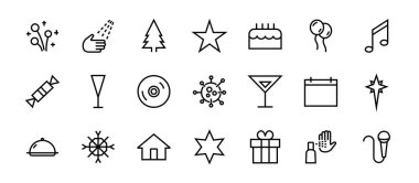  Vektör çizgisi ile ilgili basit kutlama simgeleri kümesi. Müzik, yeni yıl, yıldızlar, balolar, pasta, karaoke, DJ gibi ikonlar içerir. Düzenlenebilir felç. 480x480