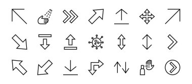 Satır okları, yönler, oklar, duraklama, devam, doğrudan sağa, düzenlenebilir vuruş gibi simgeler içerir. 480x480, Beyaz arkaplanda, Vektör illüstrasyonu