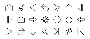 Satır okları, yönler, oklar, duraklama, devam, doğrudan sağa, düzenlenebilir vuruş gibi simgeler içerir. 480x480, Beyaz arkaplanda, Vektör illüstrasyonu