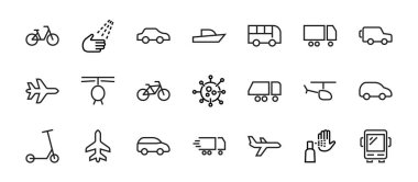 Toplu taşıma ile ilgili vektör çizgisi simgeleri kümesi. Otobüs, bisiklet, bavul, araba, scooter, kamyon, ulaşım, tramvay, yelkenli, motor, uçak gibi ikonlar içerir. Düzenlenebilir vuruş.