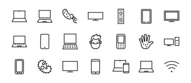  Akıllı cihazlar, cihazlar, bilgisayar donanımı ve elektronik aletler. Ağ ve mobil vektör çizgileri için elektronik aygıt simgeleri. Düzenlenebilir felç. 480x480 piksel