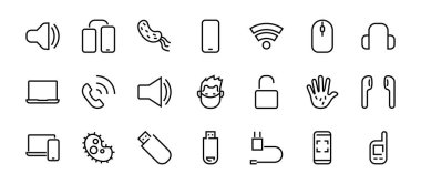 Akıllı cihazlar, cihazlar, bilgisayar donanımı ve elektronik aletler. Ağ ve mobil vektör çizgileri için elektronik aygıtlar simgeleri. Bilgisayar, telefon. Düzenlenebilir felç. 48x48 piksel