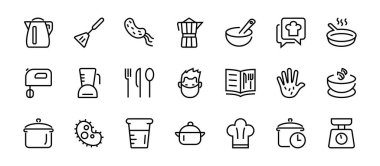 Mutfak ve yemek pişirme ikonları, vektör çizgileri, bıçak, tencere, kaynama zamanı, mikser, tartı, yemek tarifi kitabı gibi ikonlar içerir. Düzenlenebilir vuruş, mükemmel 480x480 piksel, beyaz arkaplan