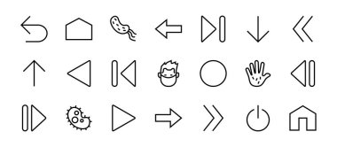 Satır okları, yönler, oklar, duraklama, devam, doğrudan sağa, düzenlenebilir vuruş gibi simgeler içerir. 480x480, Beyaz arkaplanda, Vektör illüstrasyonu