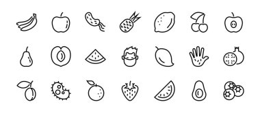 Meyve Simgesi Seti, Vektör satırları, elma, muz, kiraz, limon, karpuz, Avokado Düzenleme vuruşu, 48x48 piksel, beyaz arkaplan, 10