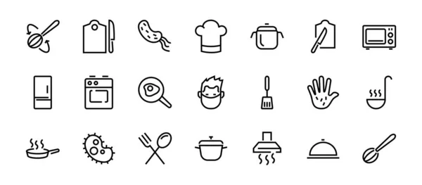 Set of cooking and kitchen icons, Vector lines, contains icons such as frying pan, frying, microwave, fork with spoon, Editable stroke, perfect 480x480 pixels, white background.