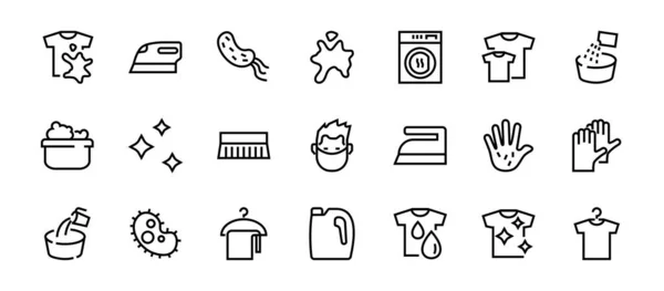 Einfaches Set Waschbezogener Vektorzeilen Symbole Enthält Symbole Wie Waschmaschine Puder — Stockvektor