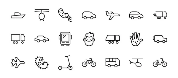 Toplu taşıma ile ilgili vektör çizgisi simgeleri kümesi. Otobüs, bisiklet, bavul, araba, scooter, kamyon, ulaşım, tramvay, yelkenli, motor, uçak gibi ikonlar içerir. Düzenlenebilir vuruş.