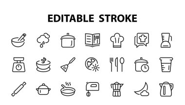 Mutfak ve yemek pişirme ikonları, vektör çizgileri, bıçak, tencere, kaynama zamanı, mikser, tartı, yemek tarifi kitabı gibi ikonlar içerir. Düzenlenebilir vuruş, mükemmel 480x480 piksel, beyaz arkaplan