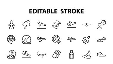  Basit bir havaalanı bağlantılı vektör çizgisi simgesi seti. Gidiş, kalkış, bekleme, biniş, bilet ve daha fazlası için bir yer bulmak gibi rozetler içeriyor. Düzenlenebilir felç. 48x48 piksel